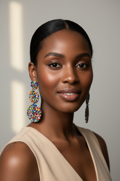 Model wearing blue beaded earrings
