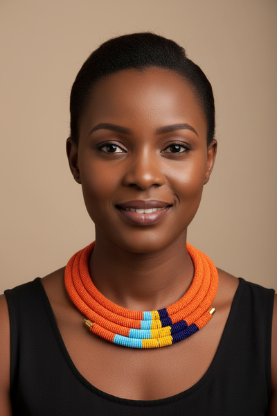 Model wearing Karibu orange multi beaded necklace