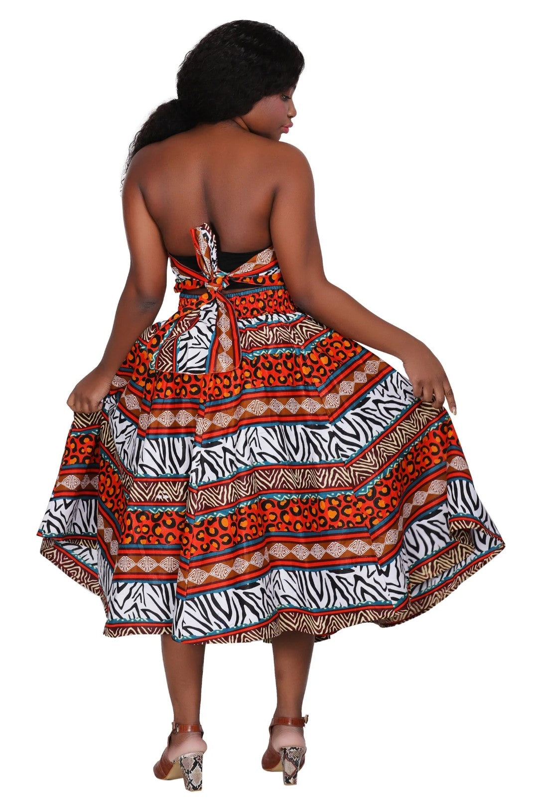 African Dashiki Printed Wax Elastic Waist Flared Skirt Tribal One Size 002