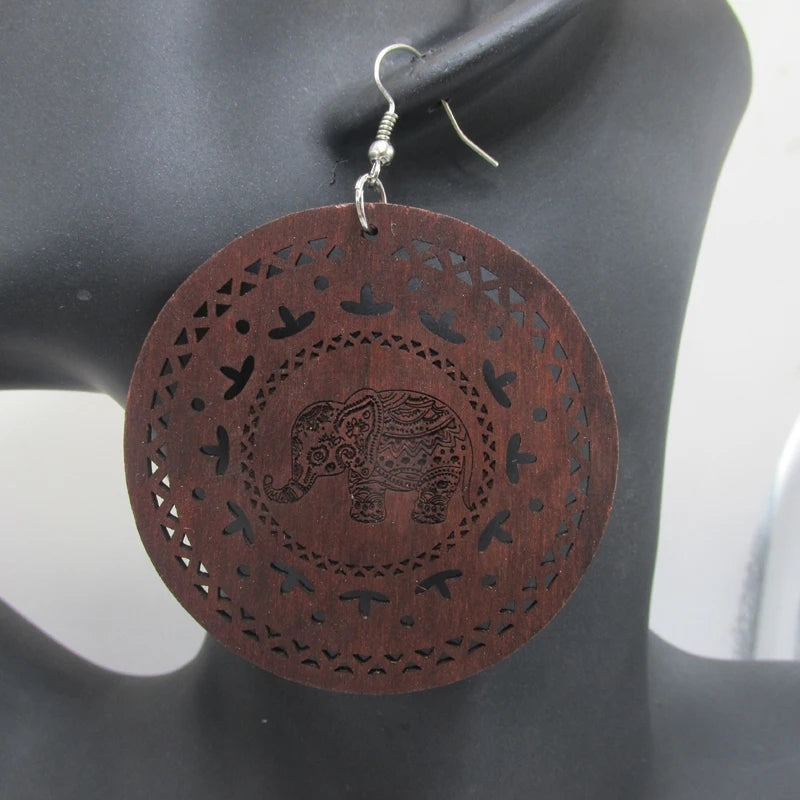 Brown Elephant Engraved Round Dangle Earrings
