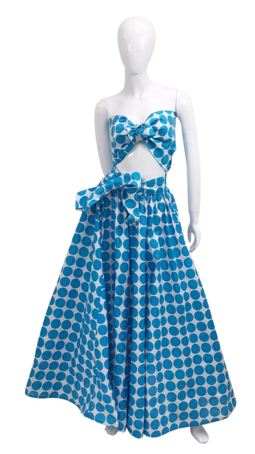 Cotton wax print polkadot skirt set bue/white