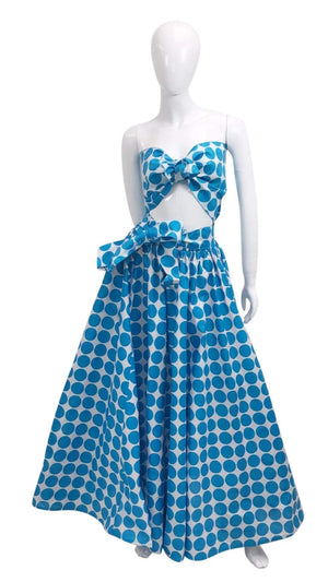 Cotton wax print polkadot skirt set bue/white