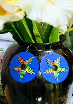 Wood thread design round colorful earrings