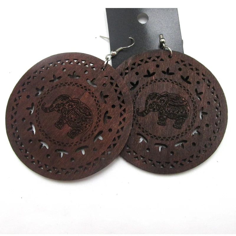 Brown Elephant Engraved Round Dangle Earrings