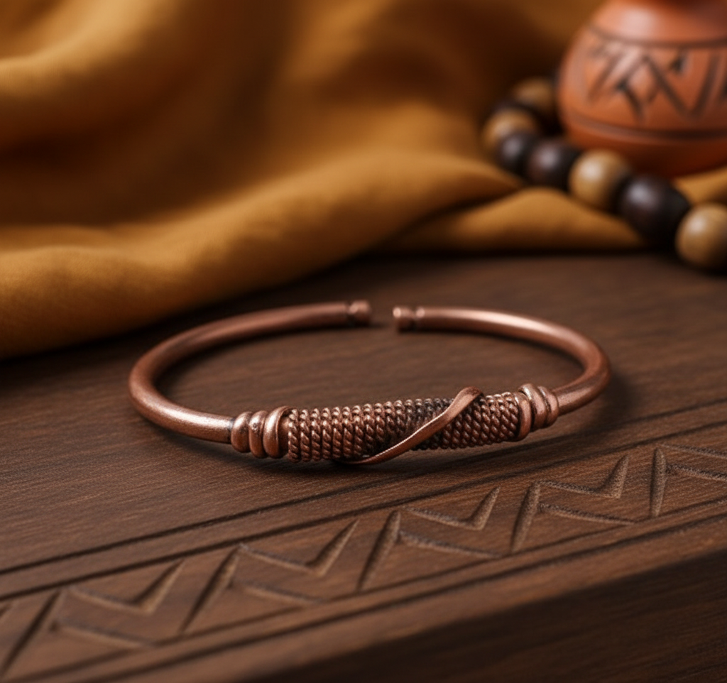 Handcrafted African copper bracelet with adjustable bangle design"