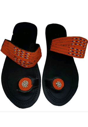 One toe leather beaded handmade Masai Sandals tangerine