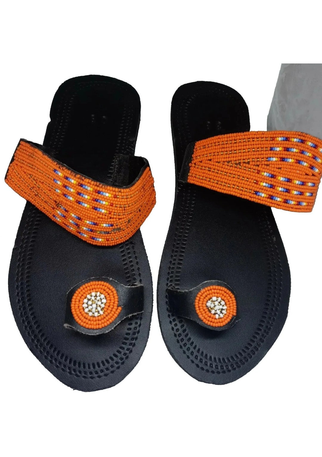 One toe leather beaded handmade Masai Sandals tangerine