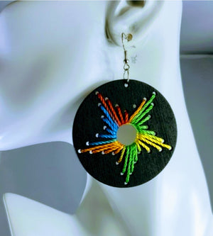 Wood thread design round colorful earrings