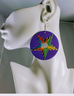 Wood thread design round colorful earrings
