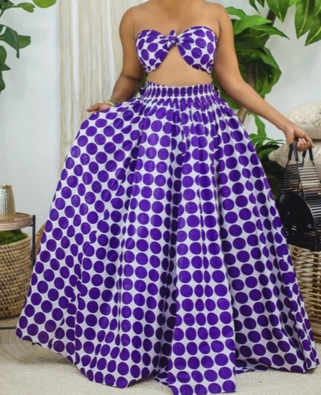 Cotton wax print polkadot skirt set purple white