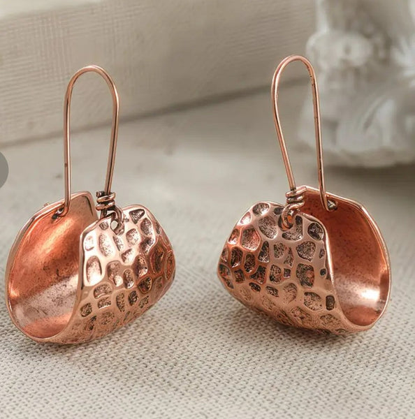 Copper Textured Curved Drop Earrings