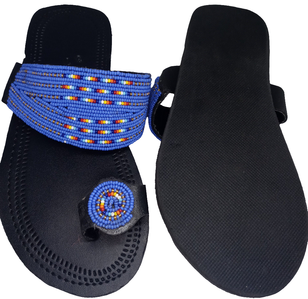 One toe leather beaded handmade Masai Sandals Blue