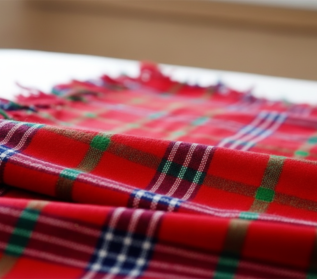 Close-up texture detail of red Maasai Shuka Blanket