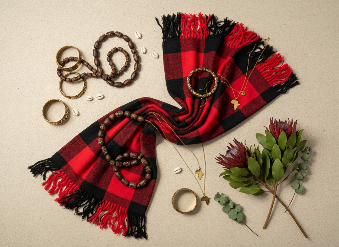 Flat-lay of red Maasai Shuka with accessories