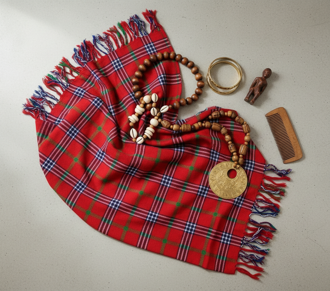 Flat-lay styling of red Maasai Shuka Blanket with accessories