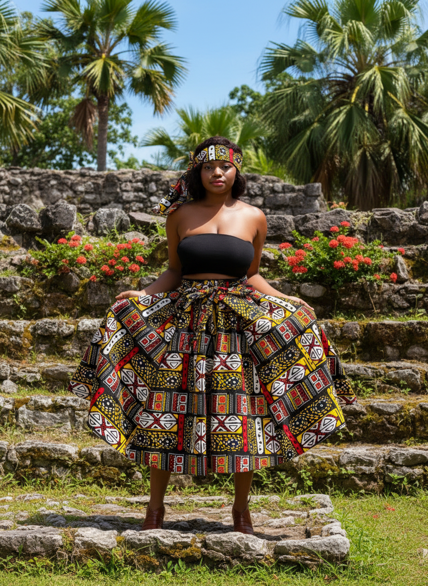 Dashiki Printed Cotton Wax Elastic Waist Flared Skirt