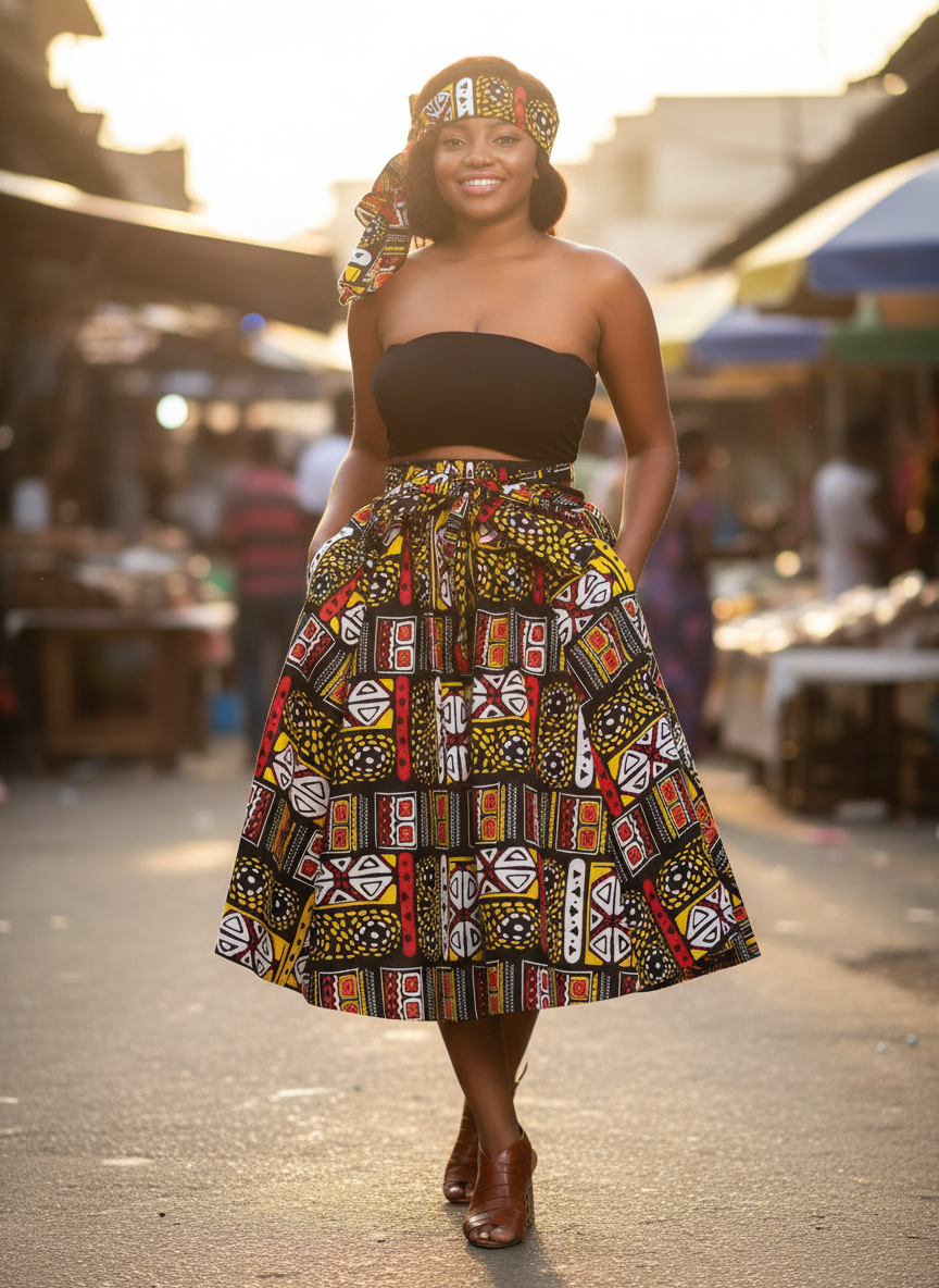 Dashiki Printed Cotton Wax Elastic Waist Flared Skirt