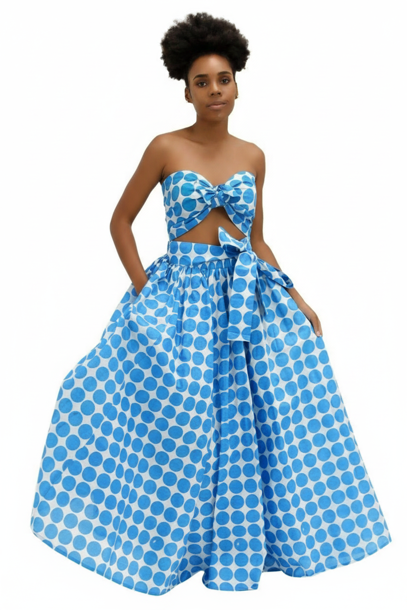 Cotton wax print polkadot skirt set bue/white