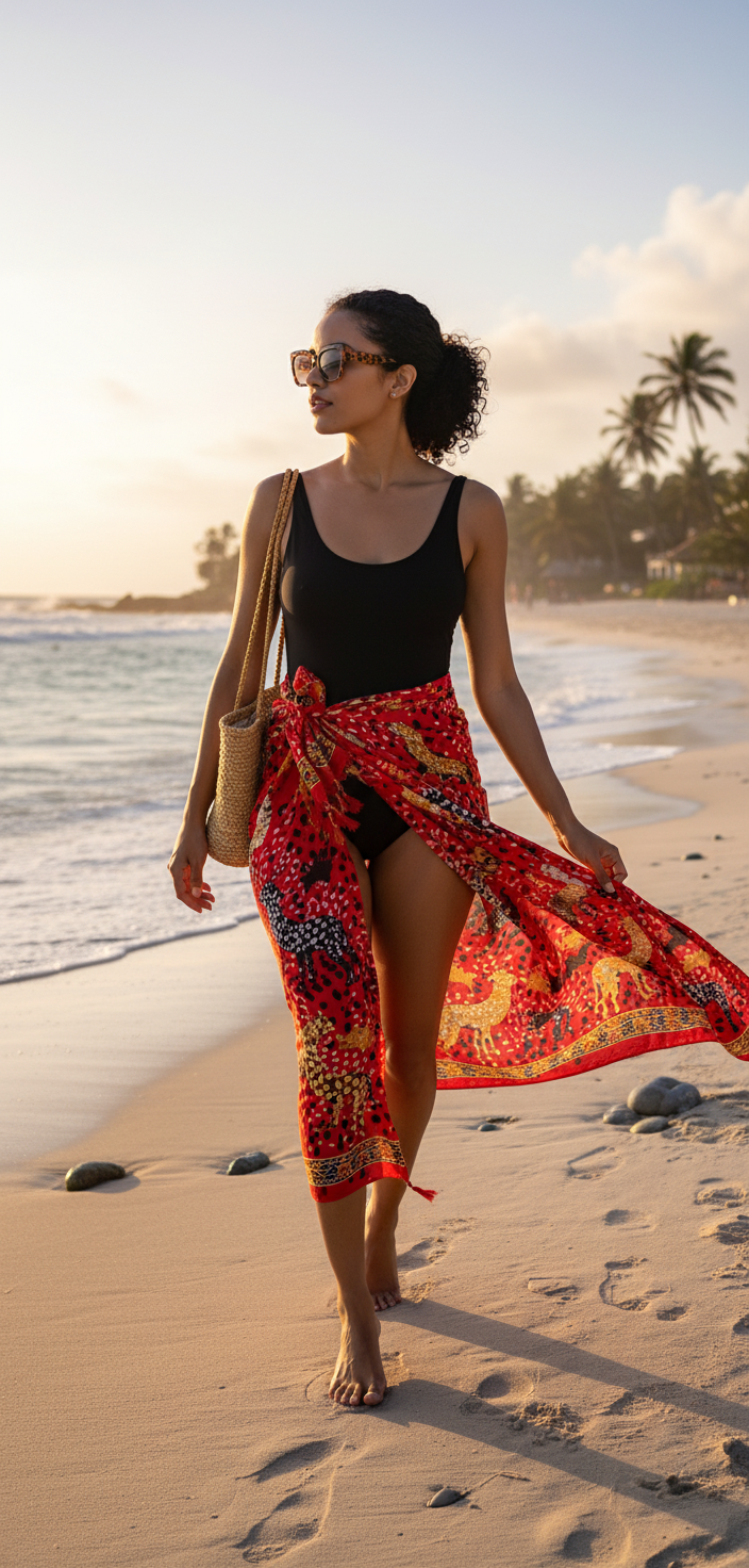 African Beach sarong Kanga Leso Scaff Cotton  Red Animal print multicolored