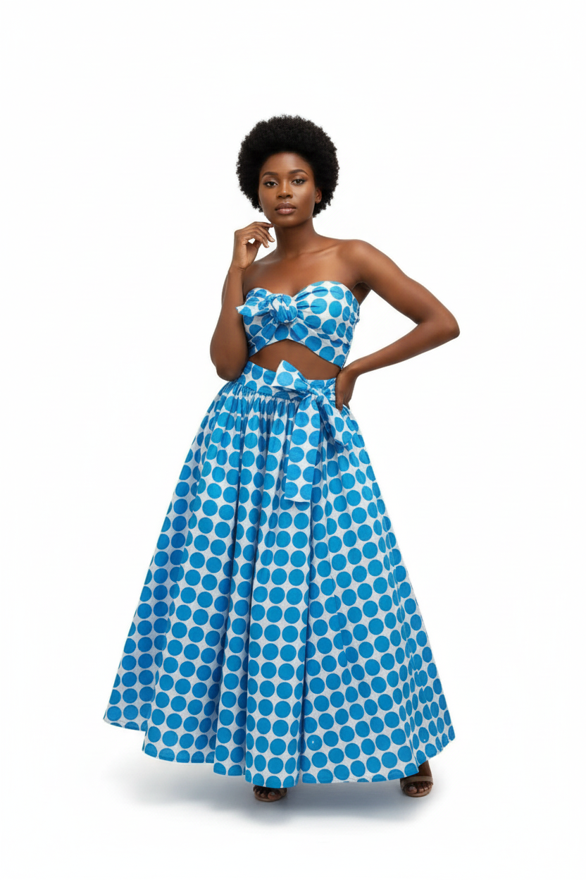 Cotton wax print polkadot skirt set bue/white