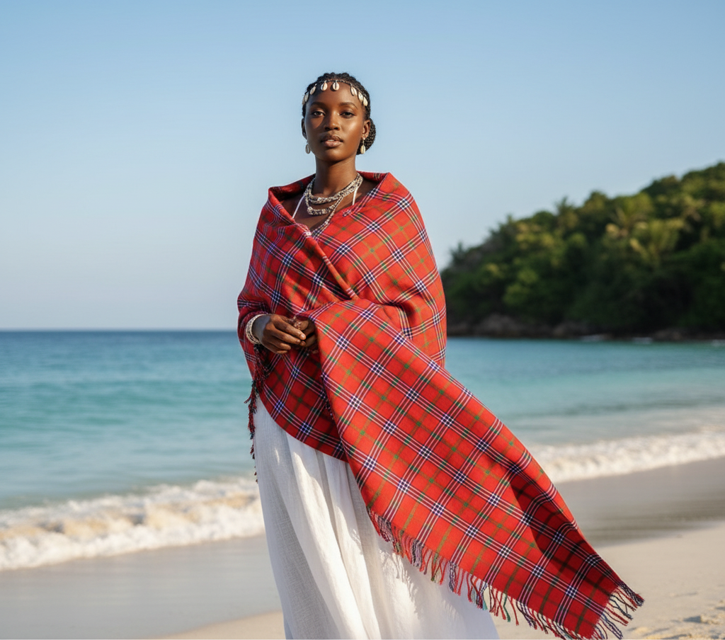 Instagram Stories format - Model wearing red Maasai Shuka Blanket