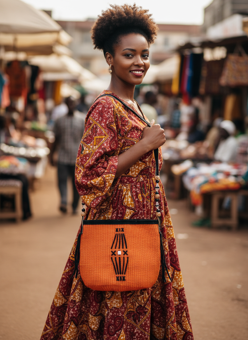Model carrying African Kiondoo Handbag