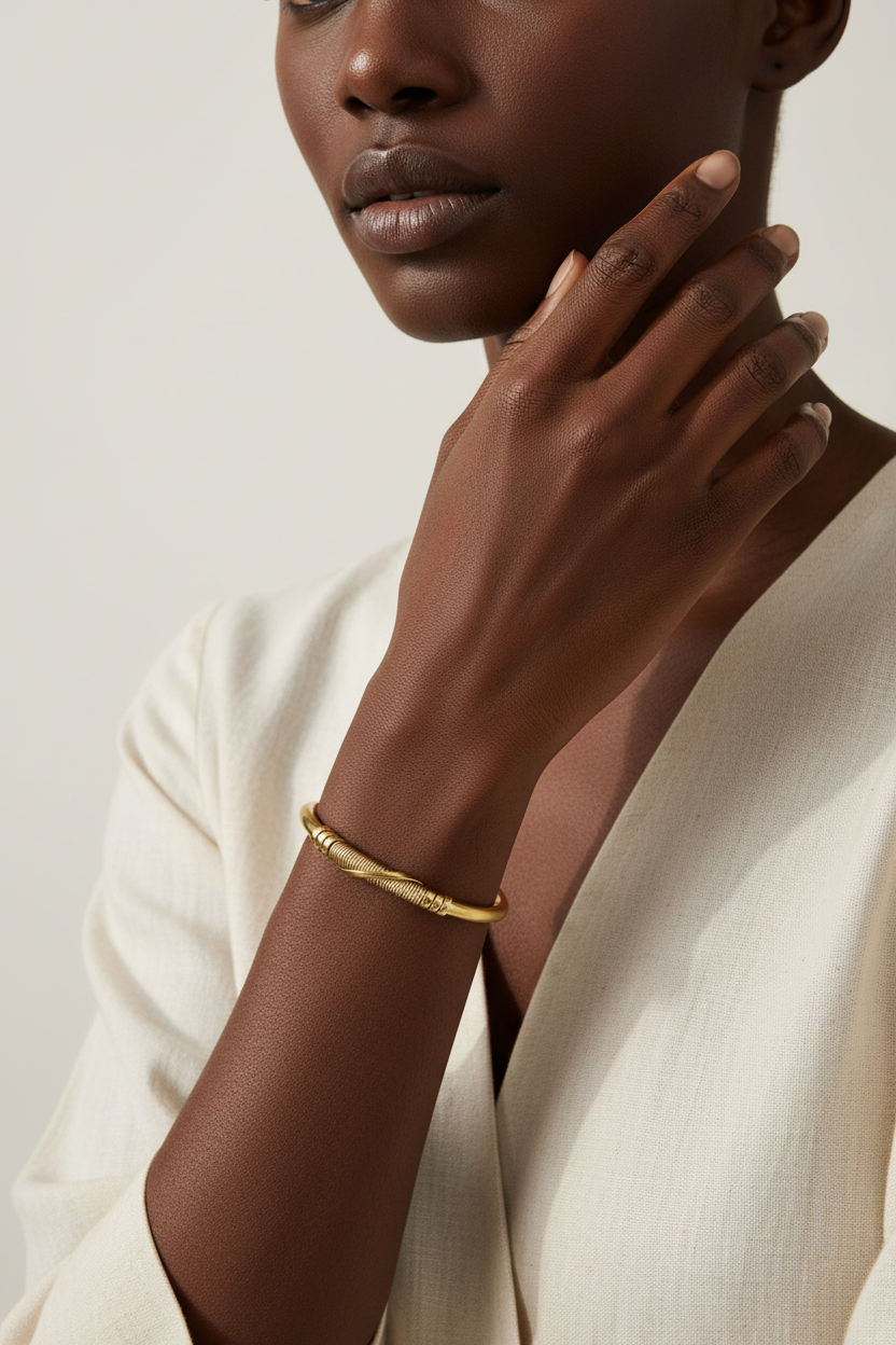 Handcrafted African Brass Gold Bracelet - Adjustable Bangle