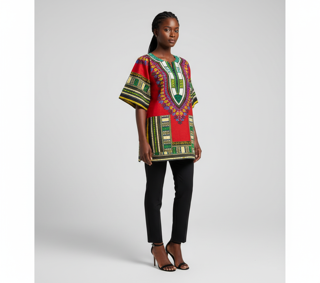 Model wearing African Dashiki top