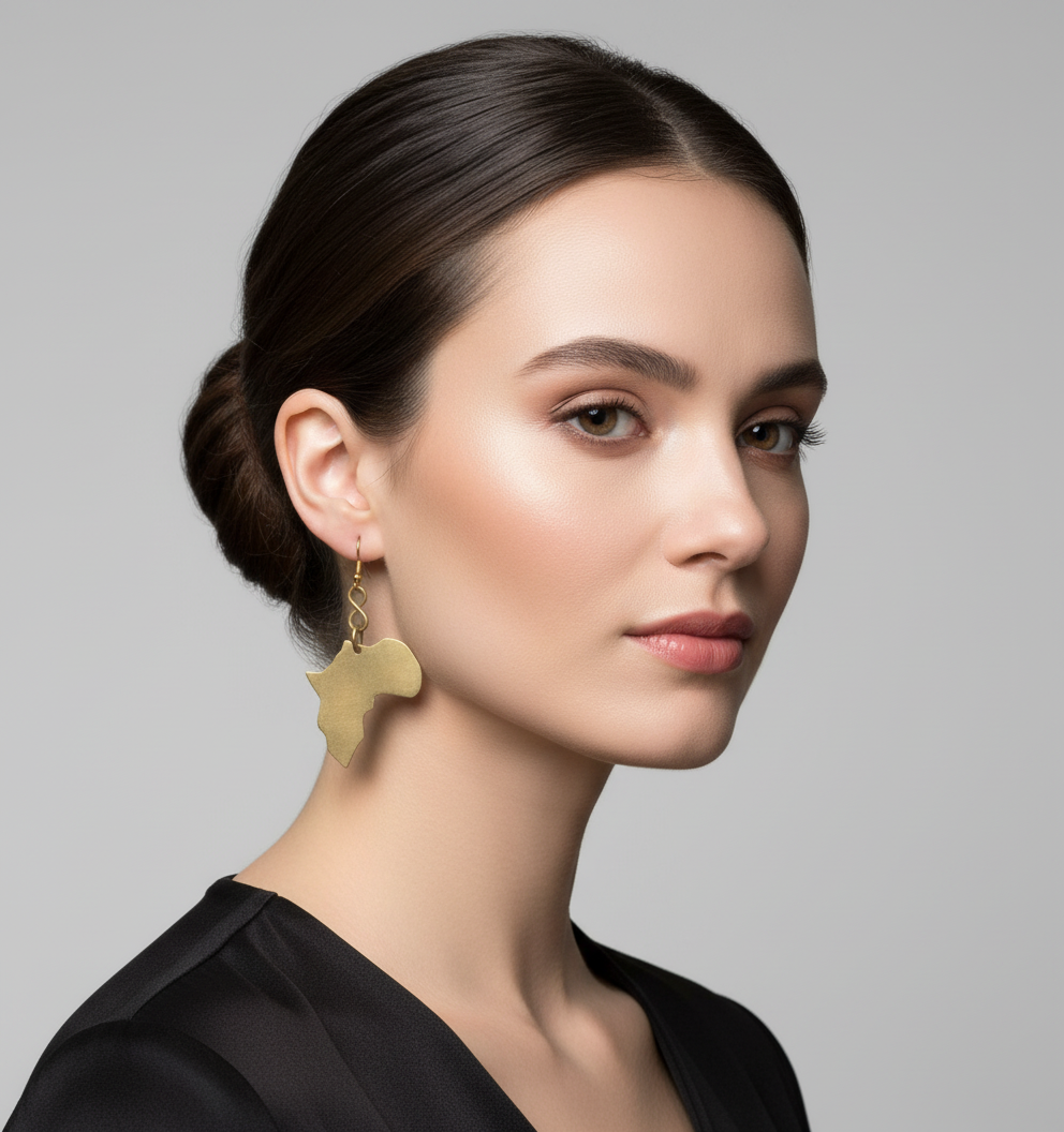 Model wearing African Map earrings