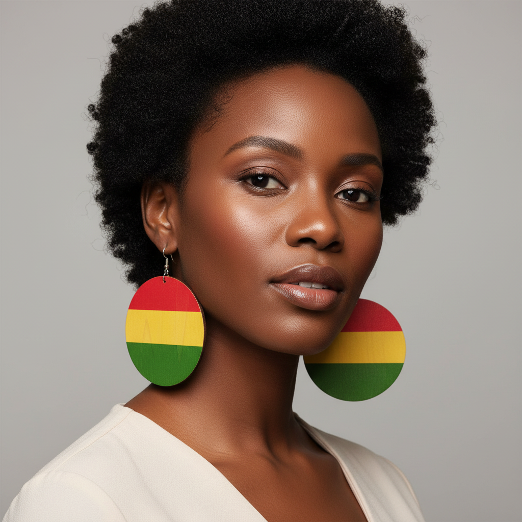 Model wearing African round Wooden Multicolored Dangle Drop Earrings