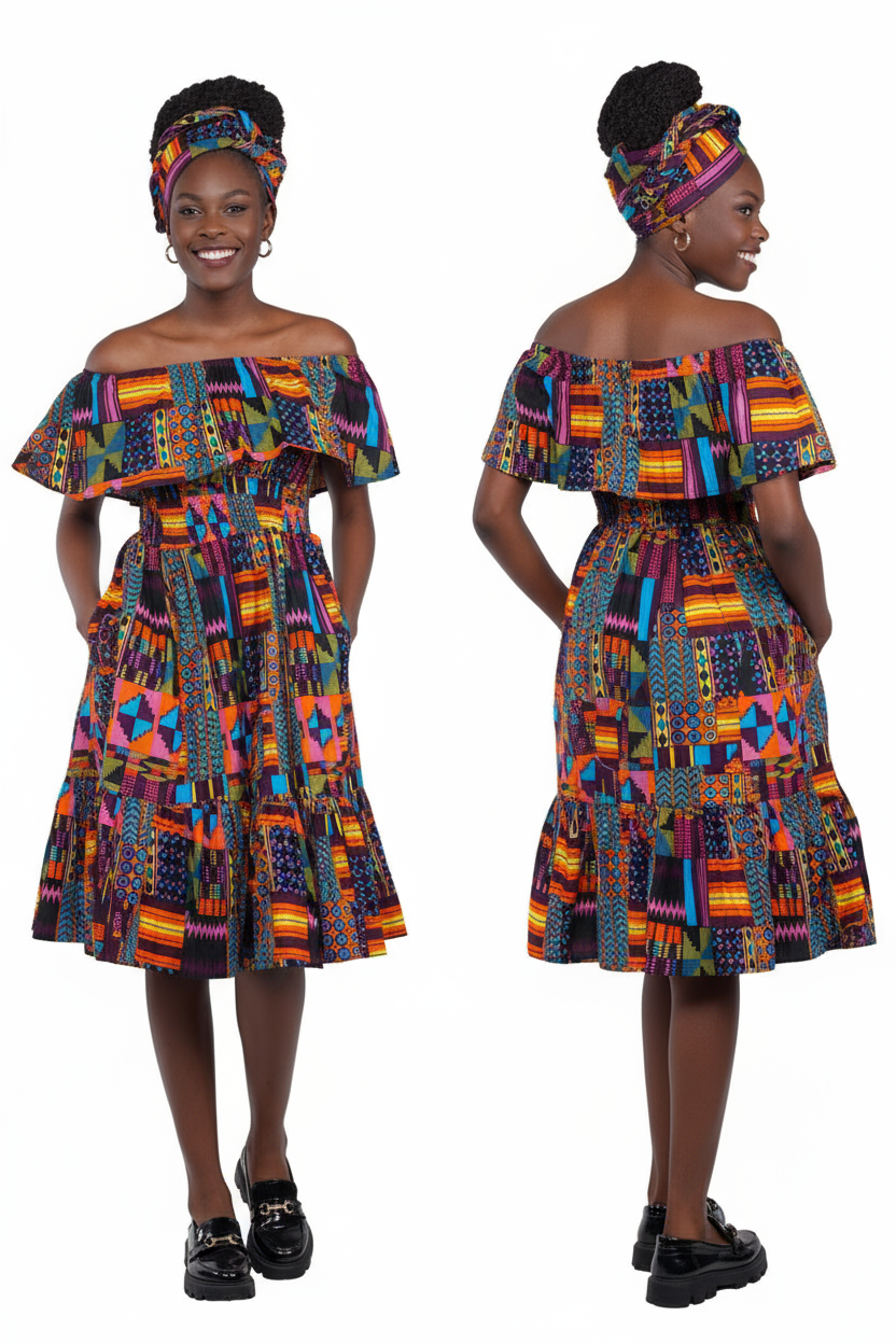 Model wearing Ankara Printed Fit and Flare Dress