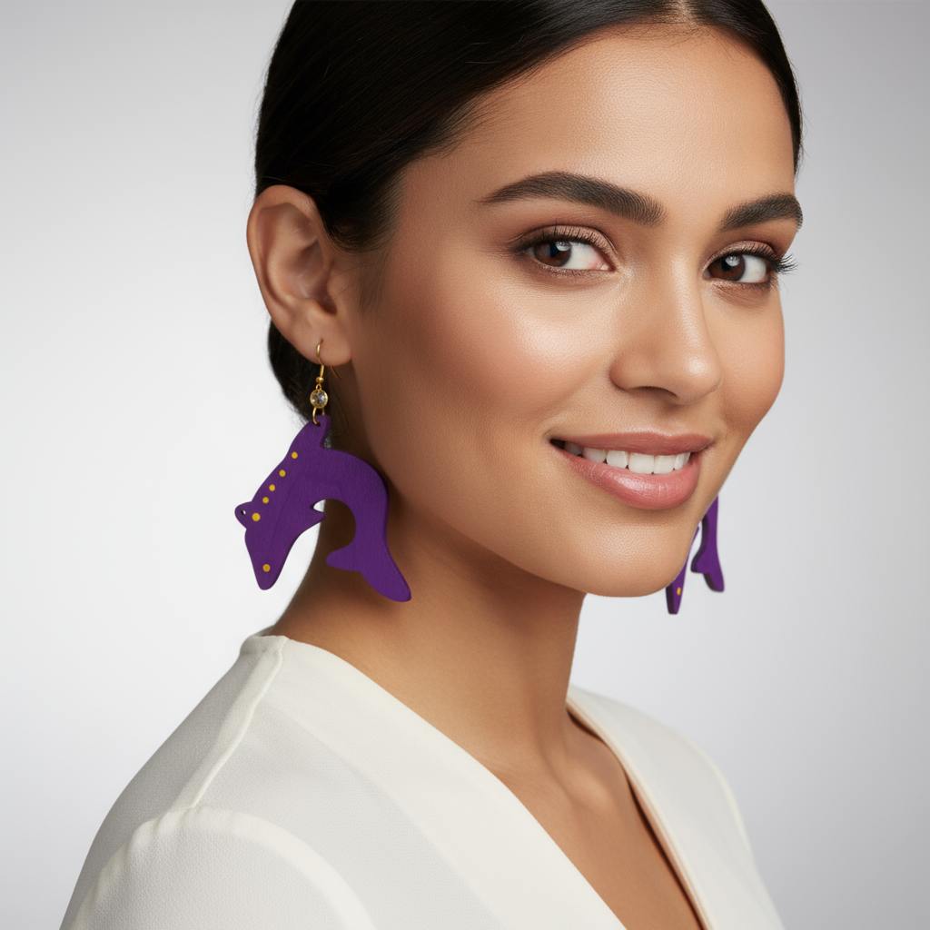 Model wearing Basil wood handmade earrings