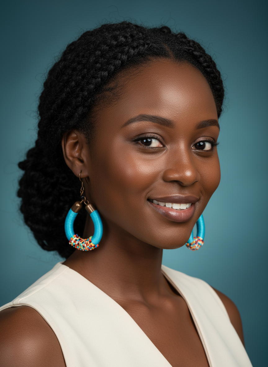 Model wearing blue and turquoise Penzi earrings