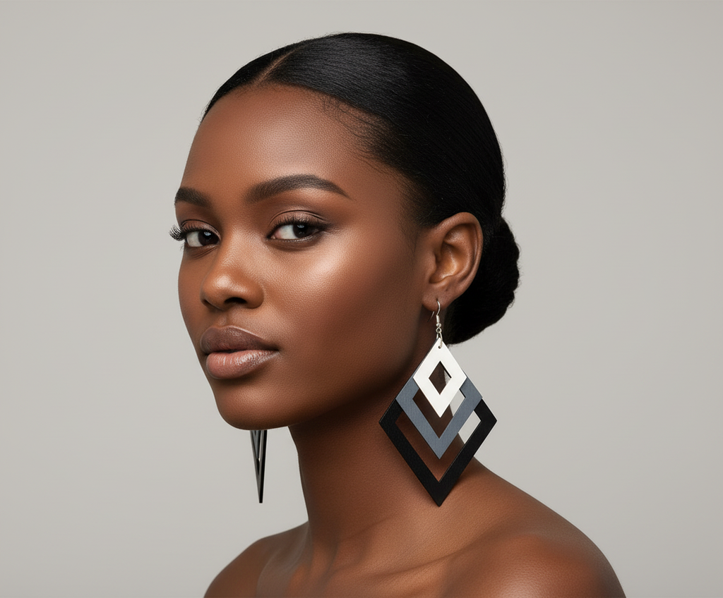 Model wearing diamond-shaped wood earrings