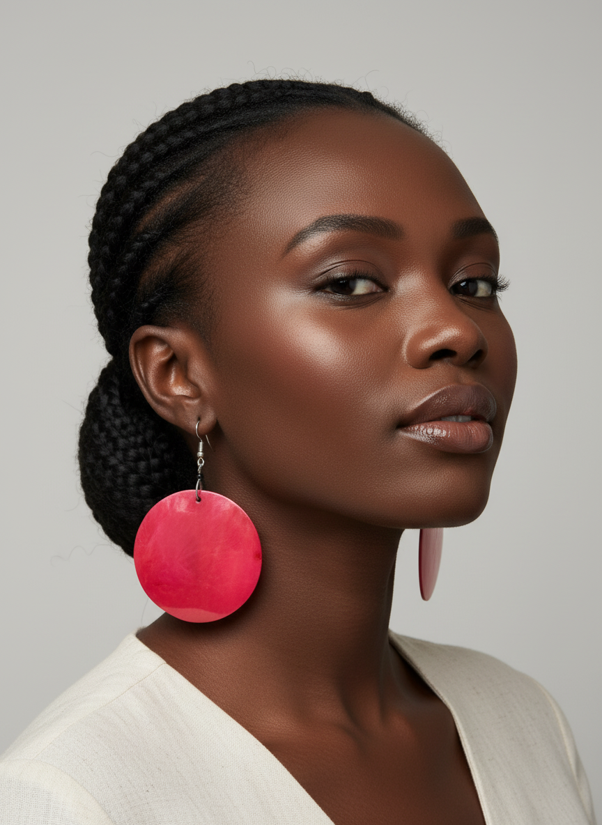 Model wearing exact Handmade Bone African dangle earrings