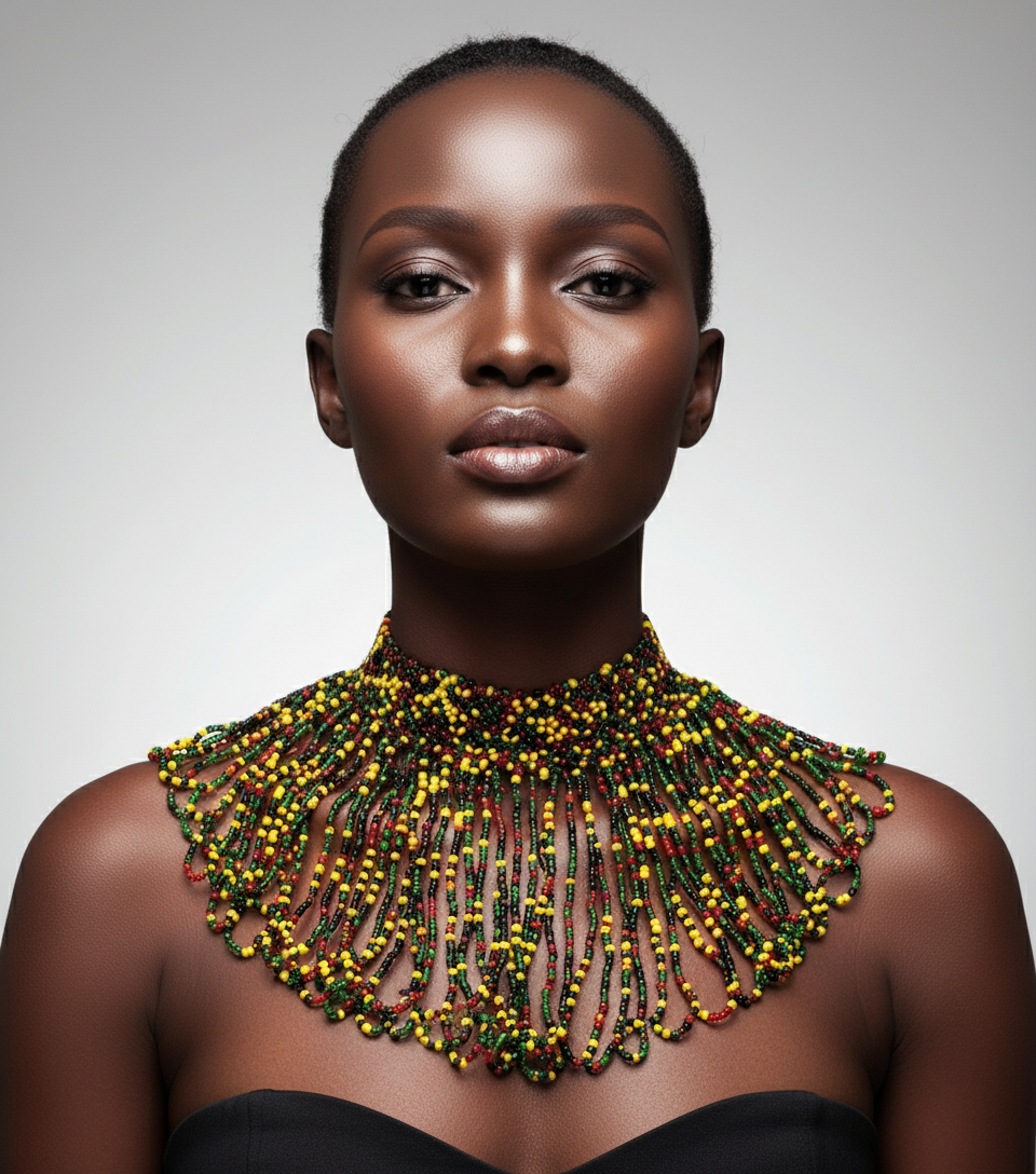 Model wearing exact Jamia beaded necklace
