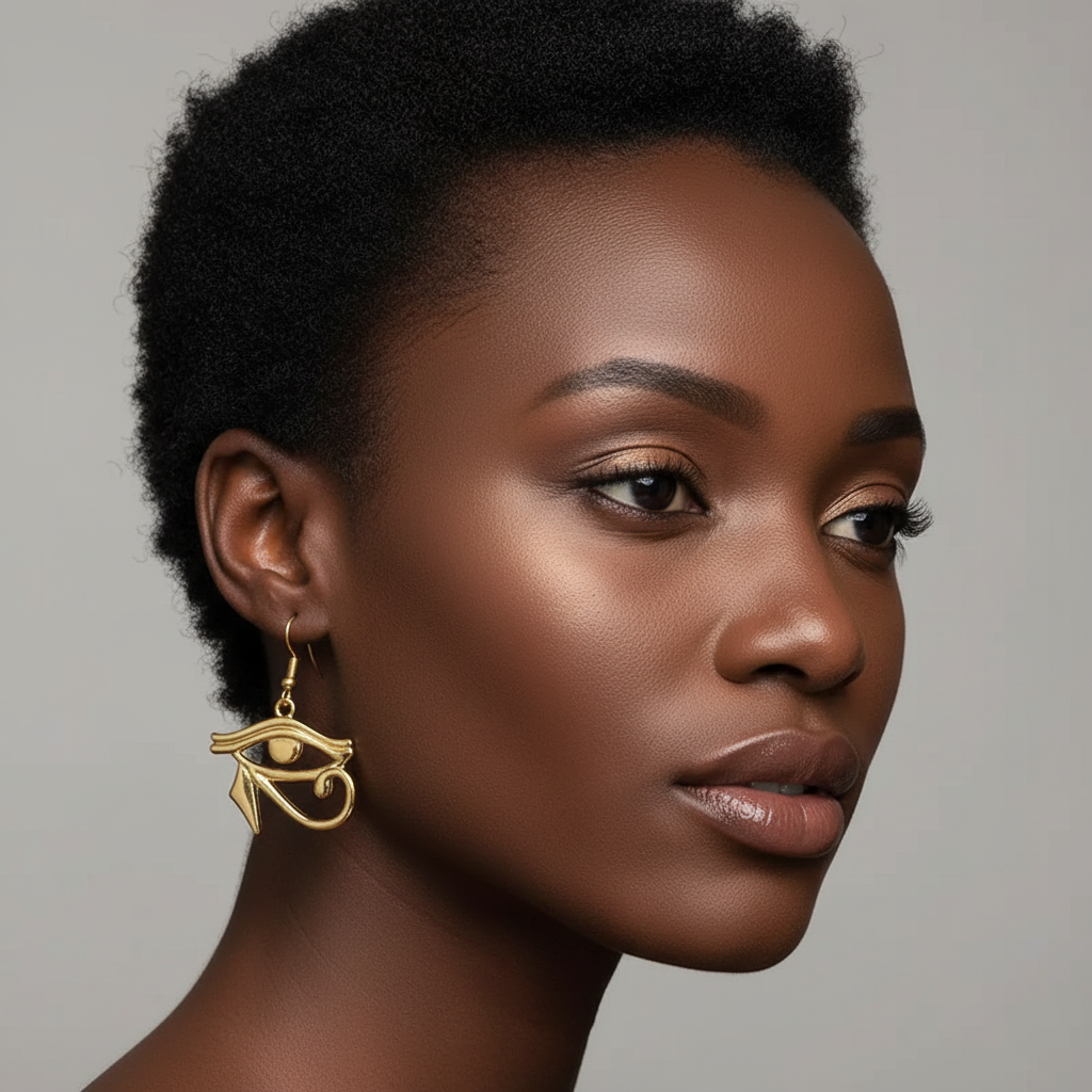 Model wearing Eye of Horus gold alloy hook earrings