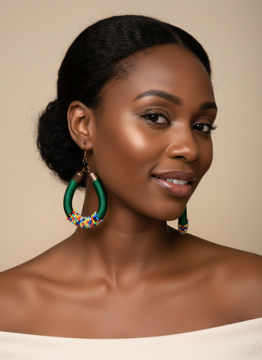 Model wearing green and yellow Penzi earrings