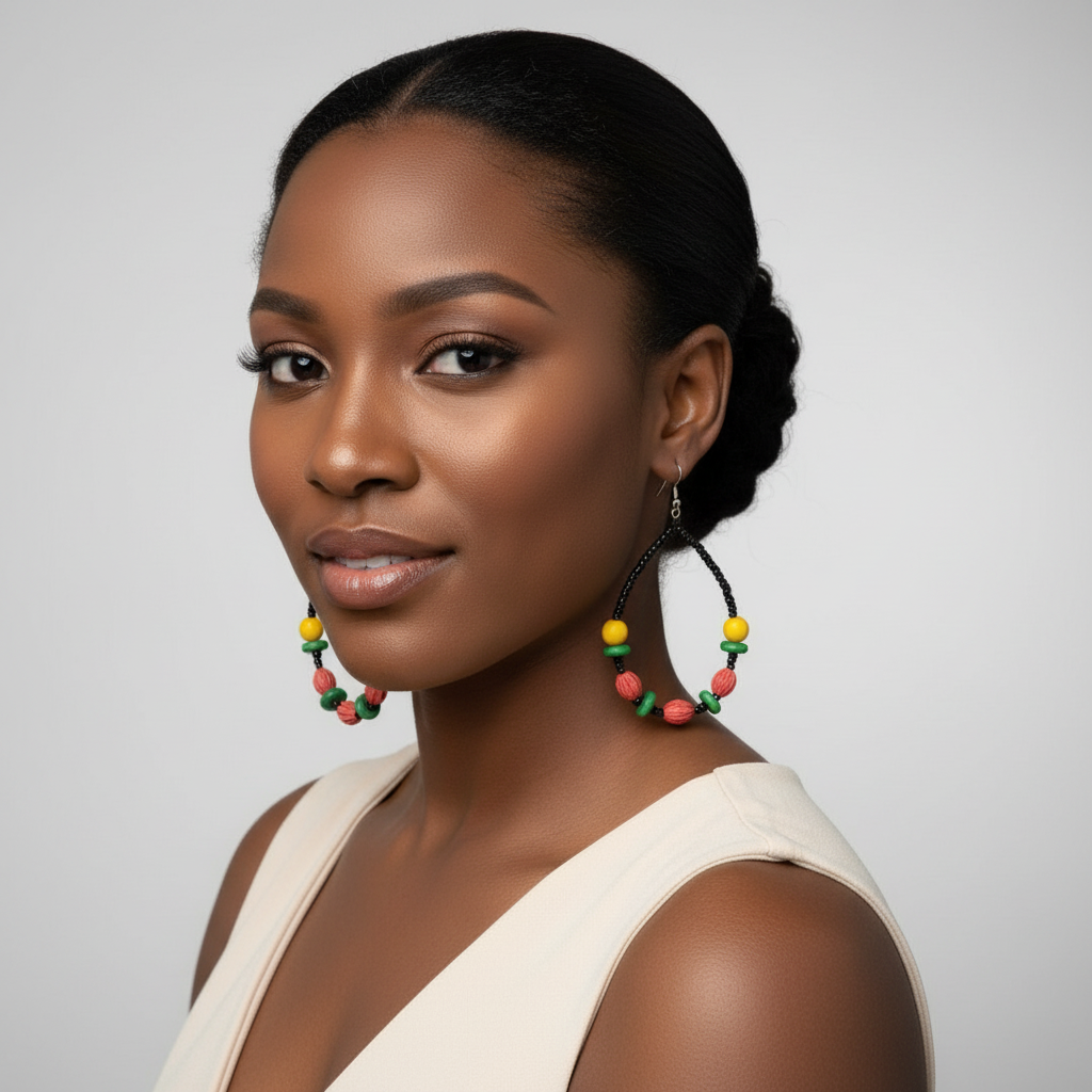 Model wearing Halima handmade wood bead dangle earrings
