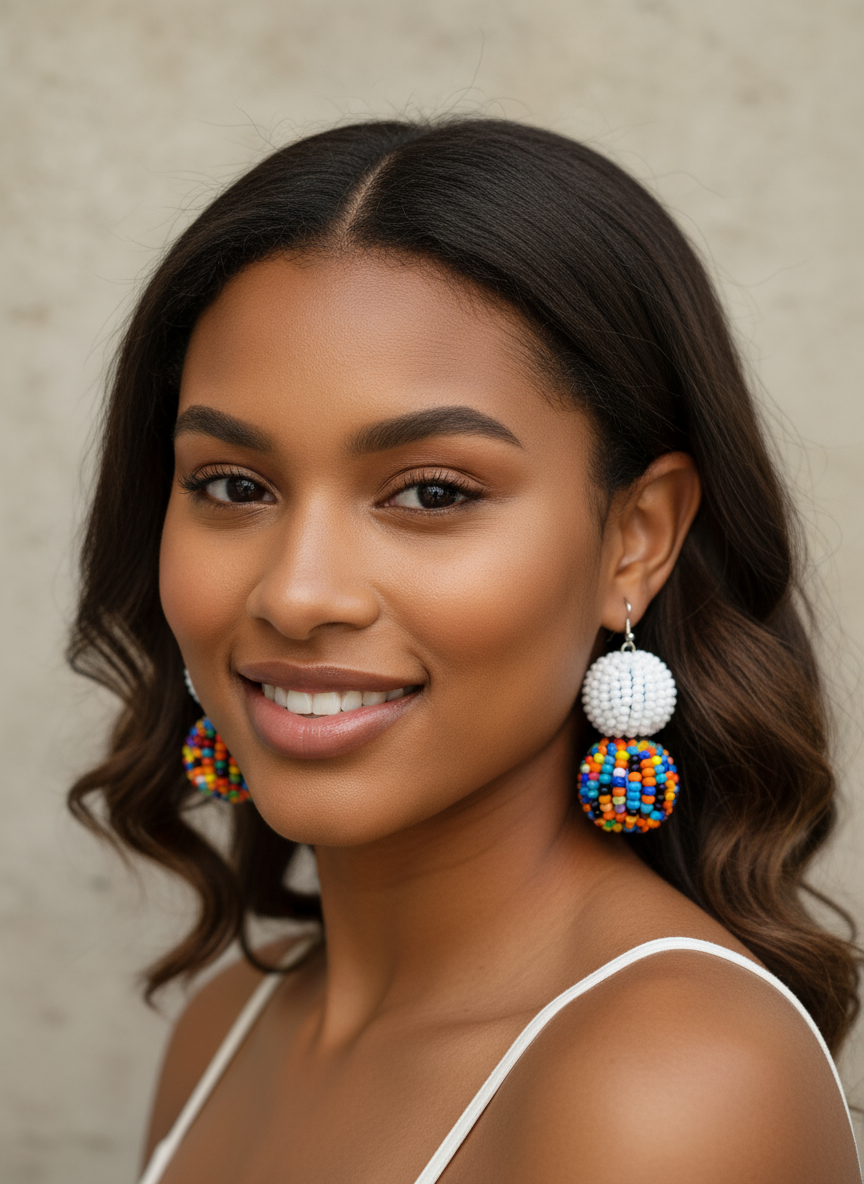 Model wearing Halima Multicolored Handmade Seed Beads earrings