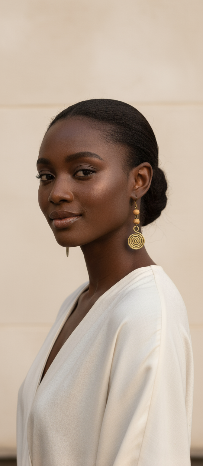 Model wearing Halisha beaded brass dangle hook Earrings