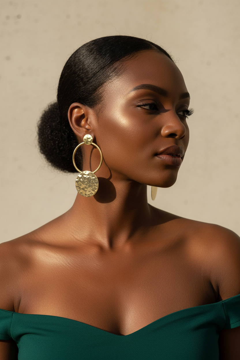 Model wearing Hammered metal brass Gold dangle Earrings