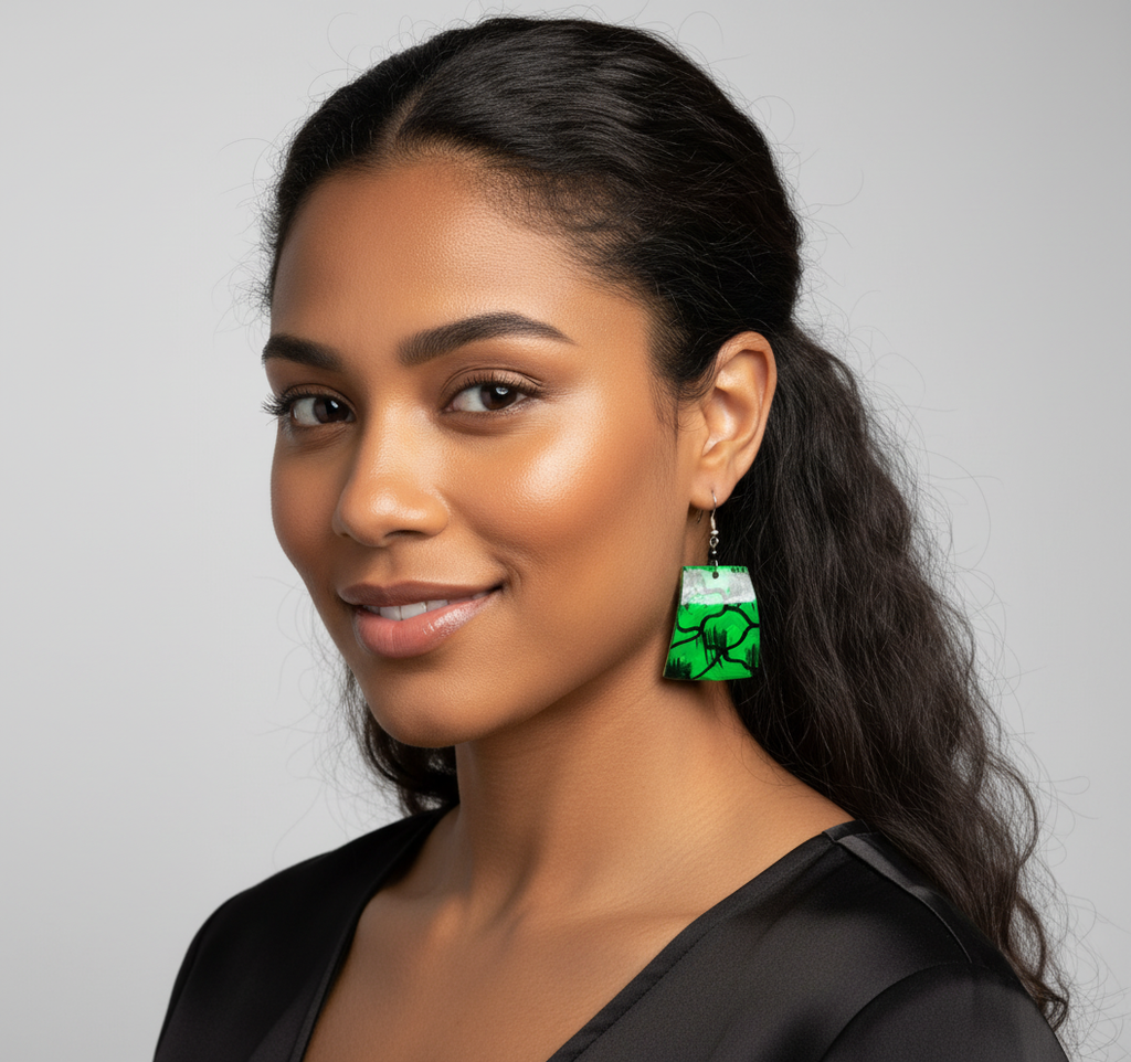 Model wearing Handmade Green Abstract Dangle Earrings
