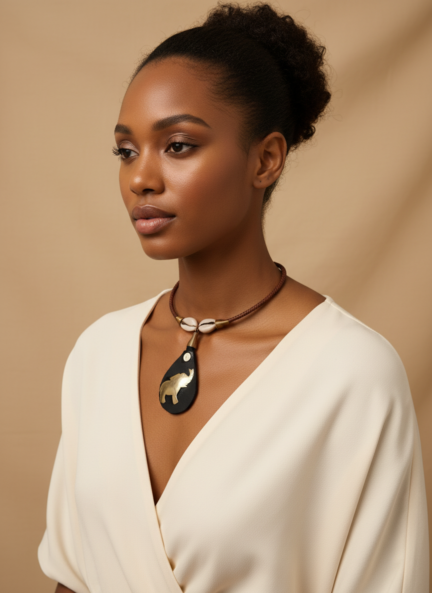Model wearing Hodari pendant necklace