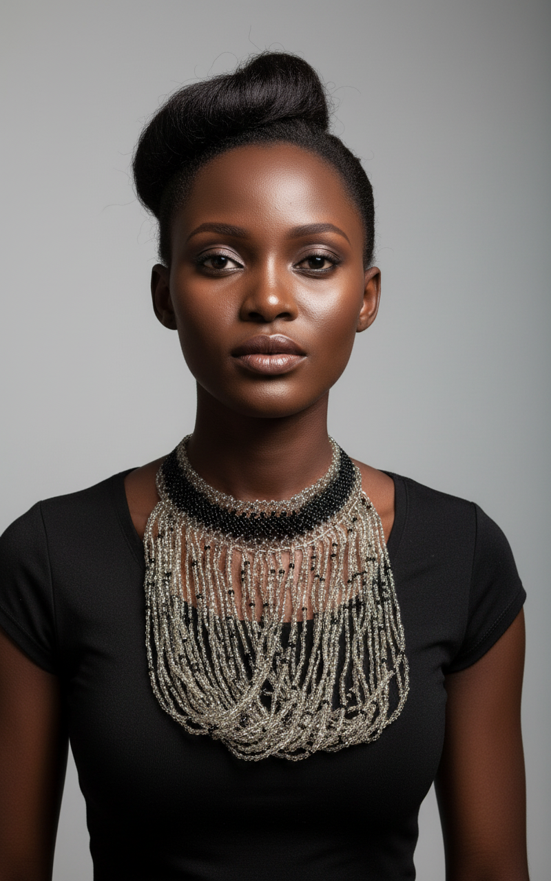 Model wearing Jamia black and white beaded necklace