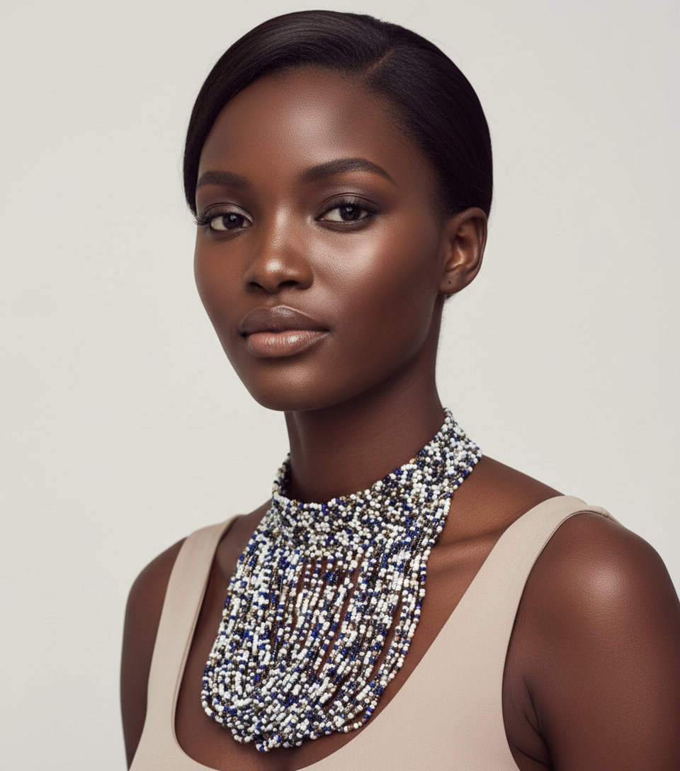 Model wearing Jamia multicolored beaded choker