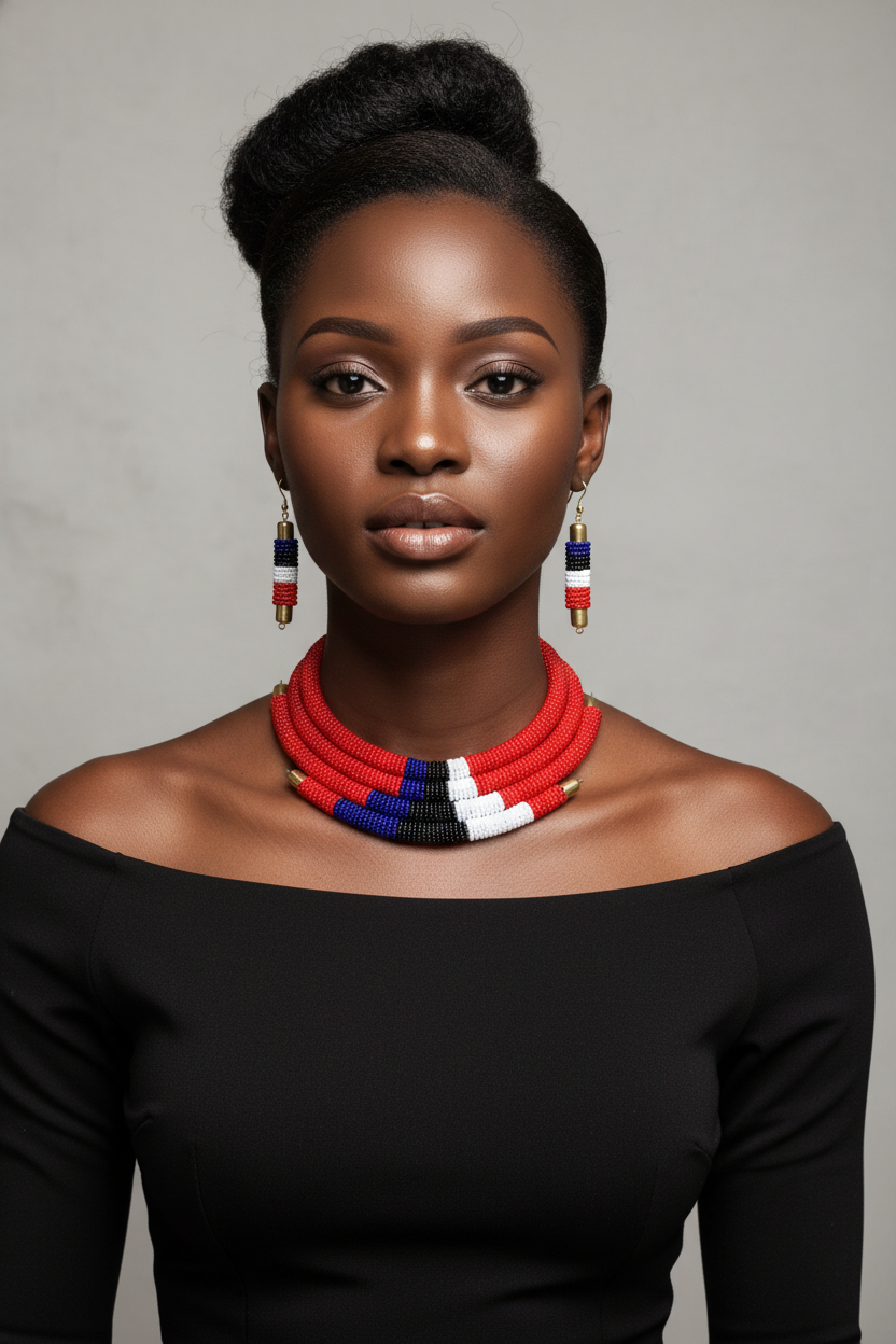 Model wearing Karibu beaded necklace