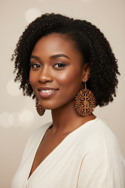 Model wearing Laser Cut Tree Of Life Earrings