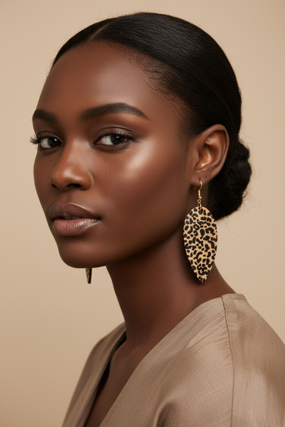 Model wearing Leopard wooden dangle earrings
