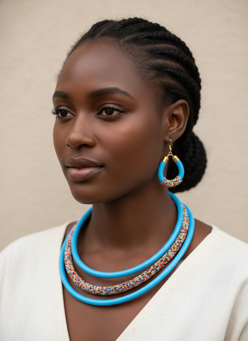 Model wearing light blue triple-layer necklace and earrings
